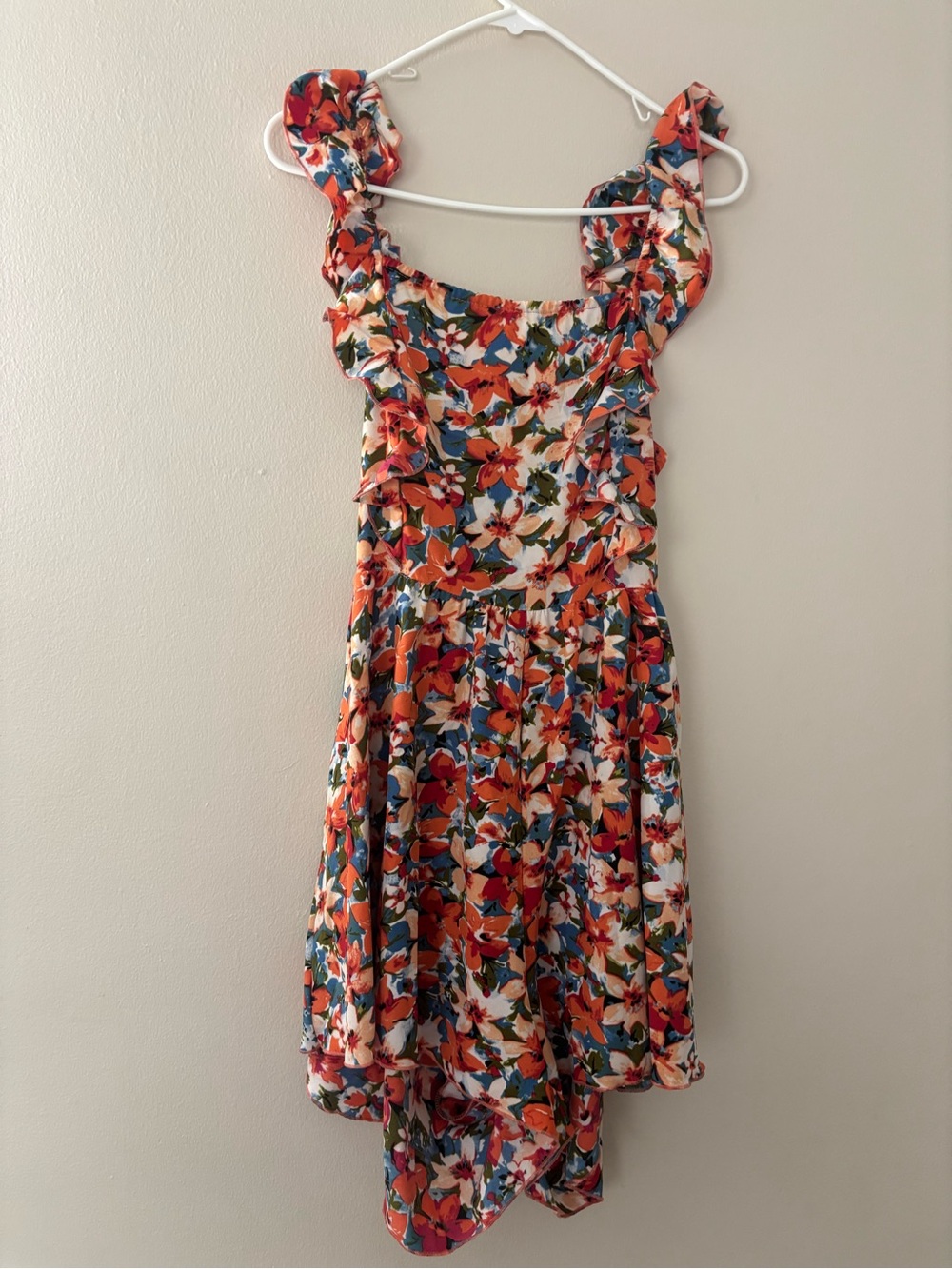 SHEIN Floral Ruffle Romper in Orange & Blue